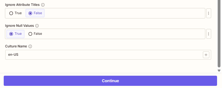 PDF4me Excel Aggiungi righe al foglio di lavoro Configurazione Zapier parte 2 - Converti numerico e data Vero, Formato data aaaa-MM-gg, Formato numerico N2, Ignora titoli attributi Falso, Ignora valori nulli Vero
